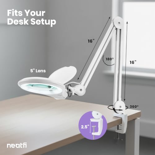 Neatfi LED Bifocal Magnifying Lamp 1,200 Lumens – 5” Glass Lens, Dual Magnification 3X/6X, Dimmable Task Light | Adjustable Arm with Clamp | Crafting, Jewelry & Reading (8 Diopter + 20 Diopter, White) - color: White, size: 8 Diopter + 20 Diopter