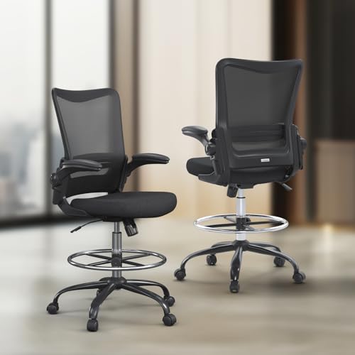 Drafting Chair,Tall Office Chair for Standing Desk,Office Drafting Chair with Footrest Ring,High Office Chair with Tilt Back,Extra Tall Office Chairs with Flip Up Armrest - color: Black Frame&seat