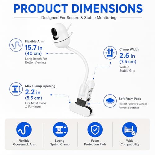 15.7 inches Baby Monitor Mount Compatible with HelloBaby HB6560/HB65/HB6550/ pro/HB66/HB248/HB6240/HB6351/ HB6339/,ANMEATE SM935E Baby Monitor Camera,Flexible Clip Clamp Mount Long Gooseneck Arm