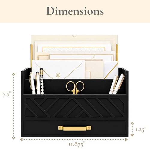 BLU MONACO | Wooden Mail Organizer with Drawer and Gold Handle | Mail Sorter Organizer Countertop for Desk | Outgoing Mail Holder and Letter Sorter for Desk Storage - color: Black