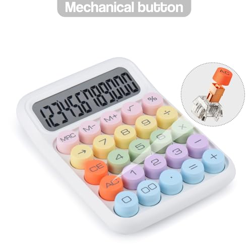 Mechanical Pushbutton Calculator,12 Digit Large LCD Display,Big Buttons Easy to Press,Colorful Candy Calculator,Automatic Sleep,with Battery.for Office,School, Home. (White) - color: white