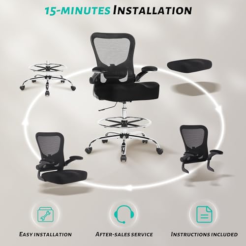 500LBS Ergonomic Drafting Chair Tall Office Chair for Counter Height or Standing Desk, Executive High Office Chairs with W-Shaped Thick Seat Cushion, Footrest Ring & Breathable Fabric, Black - color: Black