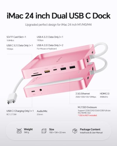 11-in-1 USB C Hub for iMac 24" M1/M3/M4 with M.2 NVMe 4TB SSD Enclosure | PULWTOP Alloy iMac Hub with HDMI 4K@60Hz, 2.5G Ethernet, 5 USB A/C 10Gbps, SD/TF, iMac M4 Dock for iMac 24" 2021-2024, Pink - color: iMac Dock- Pink