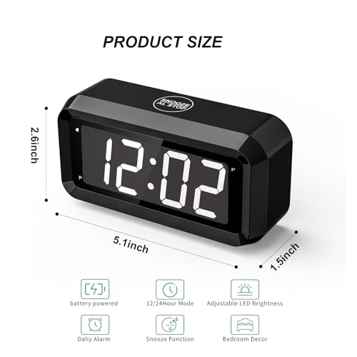 Alarm Clock,Digital Alarm Clock for Bedrooms,Battery Operated Clock,Adjustable 3 Brightness,1.2 inch LED Time Display, 12/24Hr, Cordless,Snooze (Black-White led) - color: Black-white Led