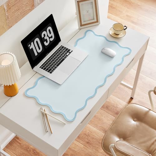 Scalloped Desk Mat, 31.5" x 15.7", PU Leather, Waterproof Anti-Slip, Cute Aesthetic Desk Pad for Office/Home/Game/Vanity (Blue, 31.5" x 15.7") - color: Blue
