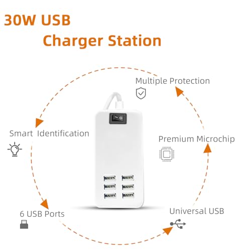 USB Charger Station Multi Port, Portable 6 Ports Chargers for Multiple Devices, Wall Charger Adapter for iPhone 17 16 15 pro max Samsung Galaxy S25/S24/S23
