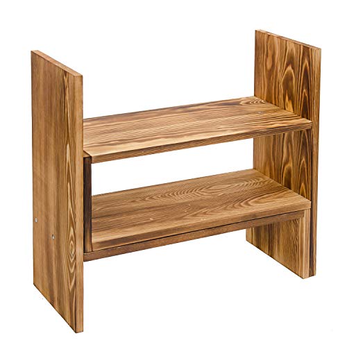 Adjustable Extendable Natural Wood Desktop Organizer Caddy Desk Organizer Countertop Shelf Bookcase Display Stand Rack Expandable Storage Office Home (Dark Brown)