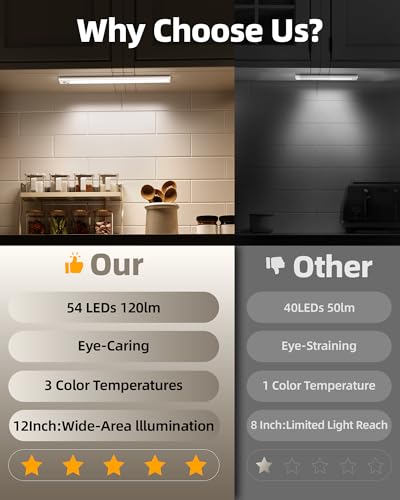 6Pack 12inch Under Cabinet Lighting, Rechargeable Motion Sensor Light Wireless Indoor, Dimmable 3 Color Temps Closet Lights with Remote, Indoor Under Counter LED Lights for Kitchen, Stairs - size: 12inch