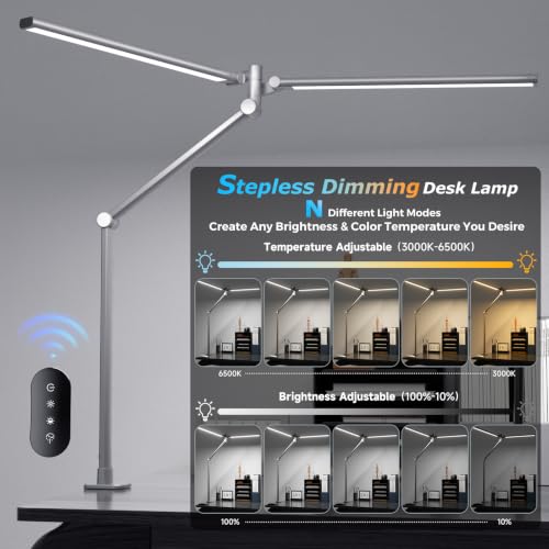 Airlonv LED Desk Lamp, Double Swing Arm Wide Lighting Area Desk Lamps for Home Office with Stepless Dimming, Eye-Caring Architect Desk Light with Clamp for Reading, Study, Workbench, (Grey) - color: Gray, size: Large