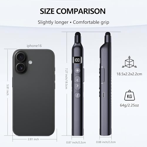N21 Bluetooth Presentation Clicker for PowerPoint with Retractable Pointer | ①Laser Pointer②Telescopic touch pen③Countdown timer, vibration alert ④Customizable Button ⑤Rechargeable;battery level display - color: Black - Red Pointer