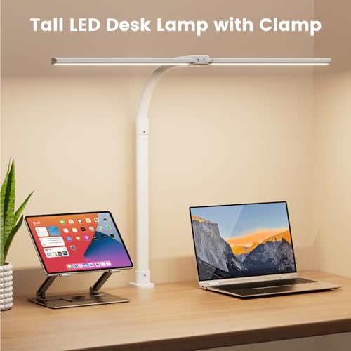 LED Desk Lamp - Bright Dimmable Computer Lamp, 24W Bendable Desk Light for Monitor Screen, Eye-Caring Tall Desktop Light for Task Home Office Work, White, Dual Head - color: White with Clamp