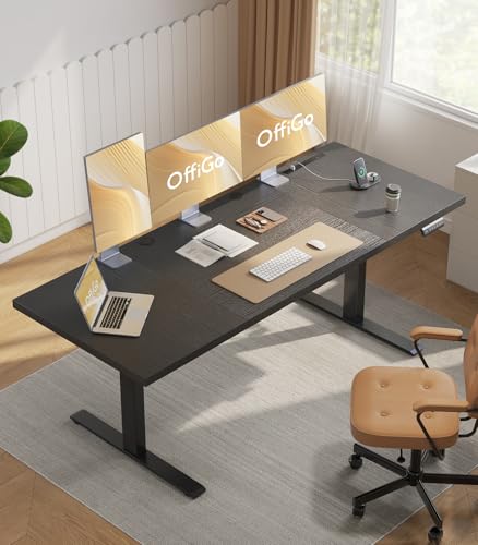 OffiGo 79 Inch Executive Electric Standing Desk Height Adjustable, Black | 1.38" Thick 3-Panel Desktop, Power Outlets, 3 Memory Presets, Dual-Beam Frame for Home Office, Workstation, Conference Room - color: Black, size: 79 Inch
