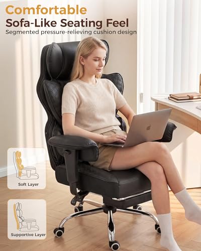 COMHOMA Big and Tall Office Chair Heavy Duty Gaming Chair with Deluxe Embossing Leather High Back Wider Ergonomic Computer Chair with Foot Rest 145°Reclining Pocket Spring Lumbar Support - color: Onyx Black