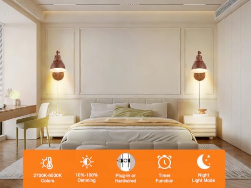 GOODATE 1 Pack Plug in Wall Sconce with Remote Control, Dimming, Adjustable Colors 2700K-6500K, Plug in Wall Light, Swing Arm Wall Lamp with Night Light & Timer, LED Bulb Included, Walnut Finish - size: Walnut-1 PACK(Bulb+Remote)