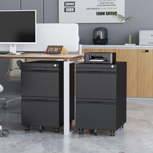 2 Drawer Mobile File Cabinet with Lock, Metal Small Filing Cabinets for Home Office Organizer,Rolling Filing Cabinets Under Desk Storage for Letter/Legal/A4,Assembly Required,Black - color: Black, size: 17.3"D x 14.6"W x 26.5"H(2 Drawers-Mobile)