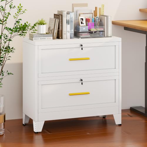 Metal Lateral File Cabinet with Lock,2 Drawer Steel Wide Filing Organization Storage Cabinets,Filing Cabinet for Legal/Letter/A4/F4 Size with Hanging Files&Key,Lockable Cabinet for Home Office,White - color: White, size: 2Drawer
