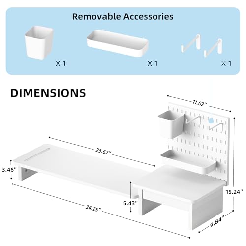 Pegboard Monitor Stand Riser,Computer Monitor Stand with 2 Hooks Cable Management Desk Organizer and Drawer for Laptop,PC,Computer,Printer,White