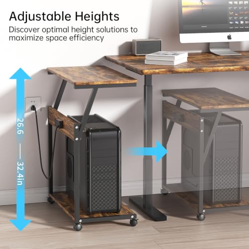 FANXIYQ Computer Tower Stand with Charging Station, Adjustable Height PC Tower Stand for Floor & Carpet, Rolling CPU Holder Cart with Top Shelf, Under Desk PC Cart, Wood Grain - color: Wood Grain
