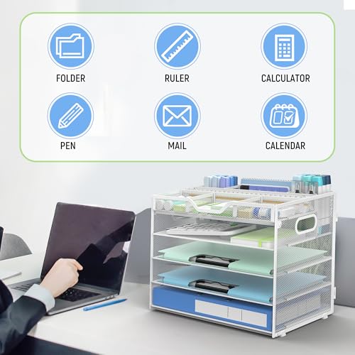 Docnest 5 Tier Mesh Desk Organizer with Removable Tray&Pen Holder, White - color: White, size: 12.6"x9.1"x10.3"