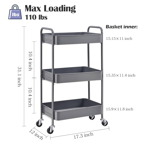 TOOLF 3 Tier Metal Rolling Cart, Utility Storage Cart with Wheels, Grey | Screwless Assembly, Lockable Metal Wheels, Trolley Organizer for Bathroom, Kitchen, Office, Dorm, Laundry, Craft Room - color: Grey, size: 3-Tier