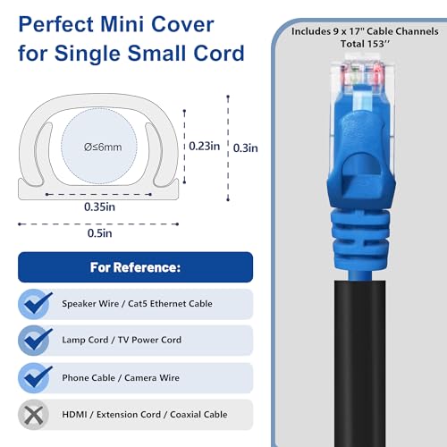 One Cord Cover Wall 153in(9X L17in) - Mini Wire Hider, Wire Cover for Hiding Speaker Wire, Baby Monitor Cord - Paintable Wire Channel for Cable Concealer, W0.5in H0.3in, CMR05 Black - color: Black, size: W0.5in X H0.3in X L153in