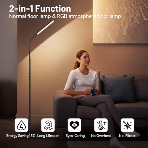 LED Floor Lamp, Stepless Adjustable 3000K-6000K Colors, RGB | 4 Color Temps, Bright 15W Floor Lamps for Living Room with 1H Timer, Reading Standing Lamp with Remote & Touch Control, Home - color: RGB-Black
