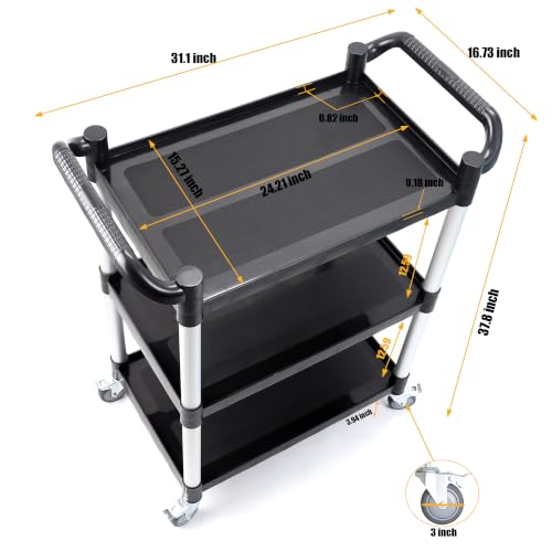 3-Tier Rolling Utility Cart with Wheels,4 Lockable Casters, Plastic Service Cart with 510lbs Capacity, Commercial Service Cart on Wheels for Restaurant/Office/Warehouse/Kitchen/School, Black