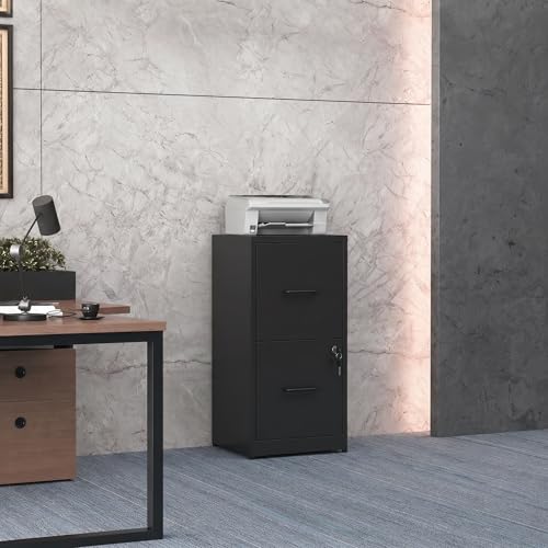 2 Drawer File Cabinet with Lock, 25.6" H Small File Cabinet | Metal Vertical File Cabinet for Home Office, Fits Letter/Legal/A4/F4 Files, Require Assembly, 25.6"H x 17.7"D x 15"W, Black - color: Black, size: 25.6"H - 2 Drawer