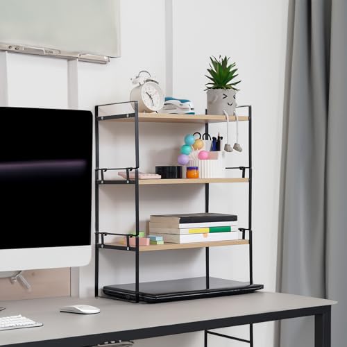 YGYQZ Desk Shelf Organizer for Top of Desk, 3-Tier Desktop Bookshelf, Black & Wood - color: 3-tier Black/Wood