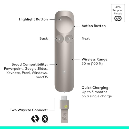 Logitech Spotlight 2 Presentation Remote Wireless Clicker Haptics - Sand | Haptics, digital highlighting, customizable actions, laser pointer, quick charge, Bluetooth, USB-C - color: Sand
