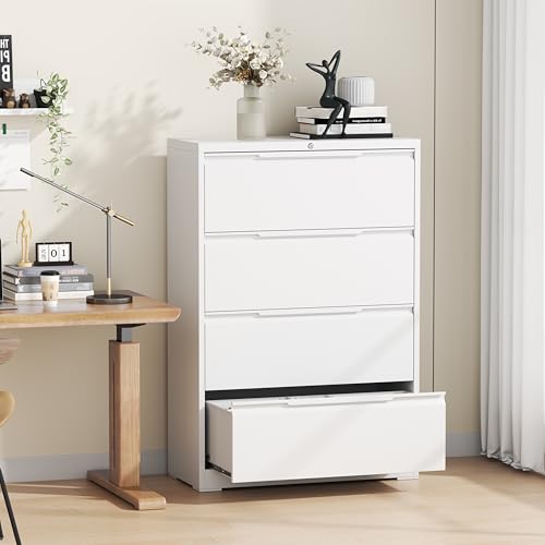 4 Drawer Metal Lateral File Cabinet with Lock for Home Office | 35.5 Inch Ultra Spacious Tabletop,440 LBS Max Weight Capacity,for Letter/Legal/F4/A4 Size,Fast Easy Assemble,White - color: White, size: 15.7"D x 35.4"W x 52"H(4 Drawers)