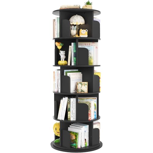 Aheaplus 5 Tier Wood Rotating Bookshelf, 360° Spinning Book Shelf Tower - color: Black, size: 5-Tier