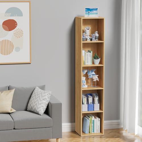 5 Tier Bookshelf, Open Tall Narrow Floor Standing Bookcase, Wooden Book Shelf Display Organizer for Home Office, Study (Oak, 5 Cube) - color: Oak, size: 5-Cube