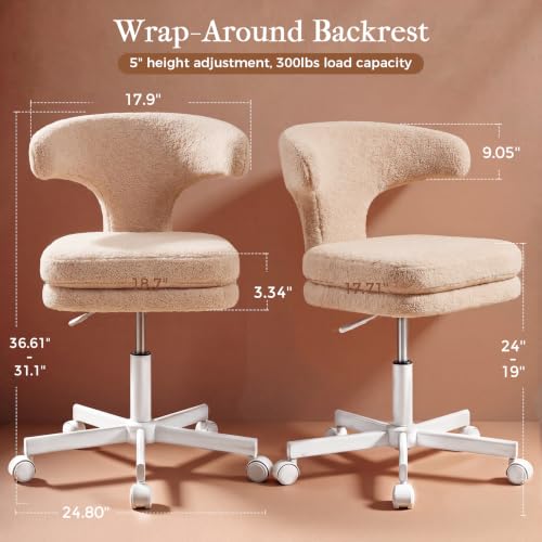 GTPLAYER Swivel Office Desk Chair with Wheels, Adjustable Height Vanity Chair with Back Support, Comfy Rolling Stool for Home Office, Bedroom & Makeup Vanity, Sweet Gift for Girls and Women - color: Khaki Brown