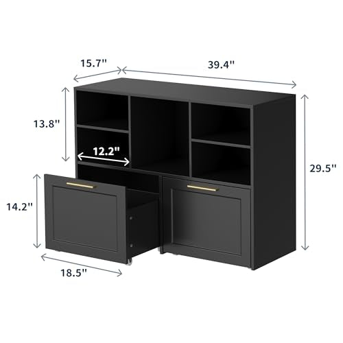 Lateral File Cabinet with 2 Drawers, Modern Filing Cabinet with Open Storage Cubes, Office Storage Cabinet Fits Letter/A4/ Size, Wooden Printer Stand for Home Office, Black - color: Black