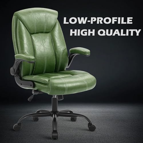 Executive Office Chair,Big and Tall Ergonomic Desk Chair with Adjustable Lumbar Support,Breathable PU Leather Computer Chair wih Flip-up Arms and Wheels,Green - color: Green