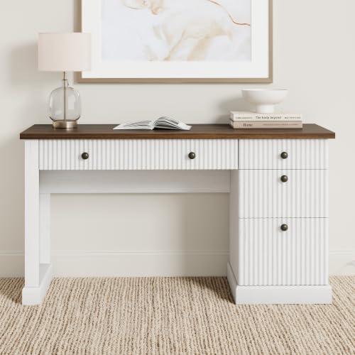 Garvee 54" Fluted Home Office Desk with File Drawer for Home Office - color: White, size: 21.6"D x 54"W x 30"H