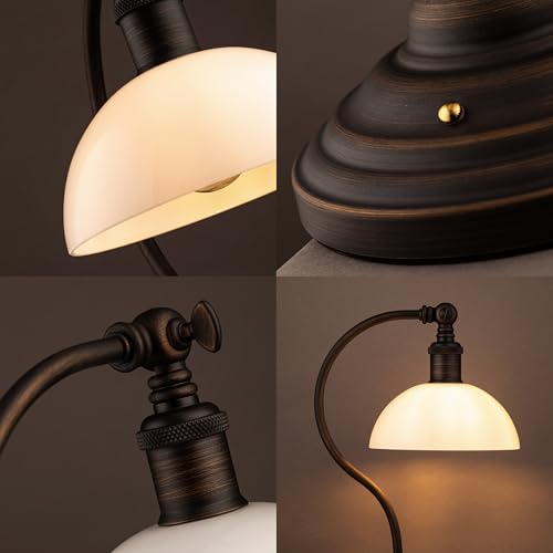 O'Bright Bankers - Cordless LED Table Lamp, Battery-Operated, Rechargeable, 3-Level Dimming, Universal USB-C Charging, 180° Swivel Head, White Jade Glass Shade, Oil Rubbed Bronze - color: Oil Rubbed Bronze-White Glass