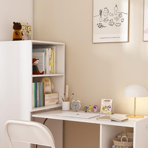White Wooden Compact Folding Computer Desks for Small Spaces | Foldable Desk with Storage Shelves, Expandable Hidden Murphy Table with Wheels, Space Saving Writing Table for Bedroom - color: White