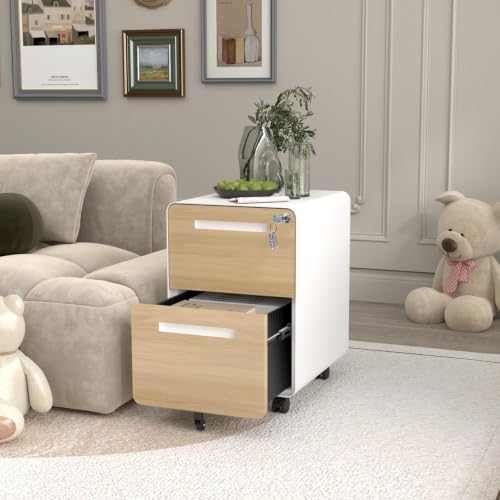 Garvee Mobile File Cabinet with Lock, 2 Drawer File Cabinet with Lock | 2 Drawer Under Desk Metal Rolling Filing Cabinets for Home Office Legal/Letter File Folders, Fully Assembled - color: Wood