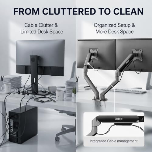 3IDEE FlexiLite Dual Monitor Arm Desk Mount for 17-32" Screens, Holds up to 20 lbs per Monitor, Slim Aluminium Design, Fully Adjustable, Quick Box to Desk Setup, Clamp/Grommet Base, VESA 75/100 - size: 2 Monitore