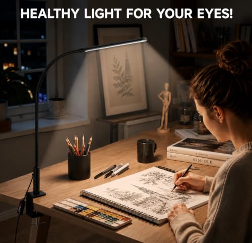 Desk Lamp with Clamp for Home Office, 3 Colors Stepless Dimming for Puzzle - color: White Pro