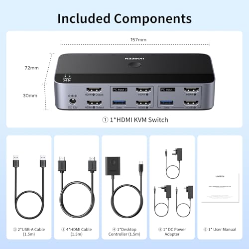 UGREEN HDMI KVM Switch 2 Monitors 2 Computers 4K@60Hz, with 4 USB 3.0 Ports | for 2 Computers Sharing 2 Monitors Keyboard Mouse Printer Webcam, with 4 HDMI + 2 USB Cables, Power Adapter and Controller