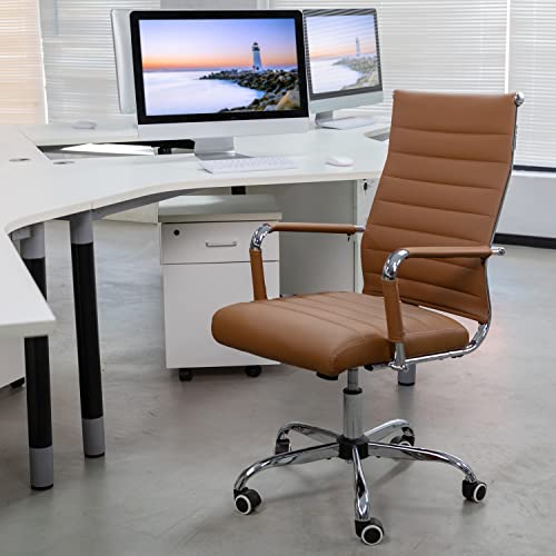 Home Office Chair Ribbed, Modern Leather Conference Room Chairs, Ergonomic Office Desk Chair, High Back Executive Computer Chair, Adjustable Swivel Chair with Arms (Brown) - color: Brown