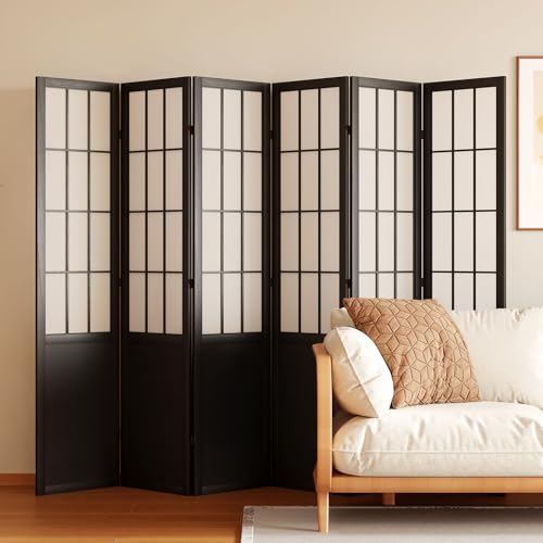 Room Divider, 66.9Inch Tall Japanese Shoji Style Folding Wood Screen with Double Hinges for Home Office Bedroom Hotel Decoration (6Panels, Black) - color: Black, size: 6 Panels