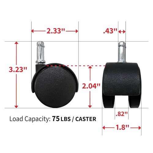 Shepherd Hardware 8741E Furniture Casters 2 inch Office Chair Caster, Twin Wheel, 7/16 inch Stem Diameter, 75-lb Load Capacity, 5 Count (Pack of 1), Black