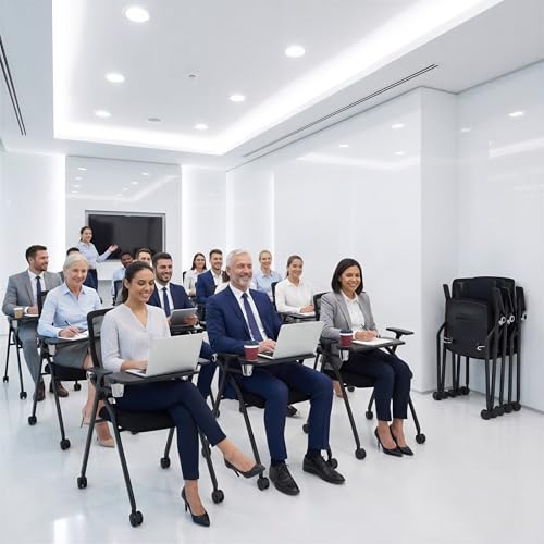Updated Conference Room Chairs with Tablet Arm, Folding Office Desk Chair with Lumbar Support and Sliding Armrest with Casters, Stackable Office Guest Chairs & Reception Chairs, 10 Pack Black - color: Black With Tablet Arm, size: 10 Pack