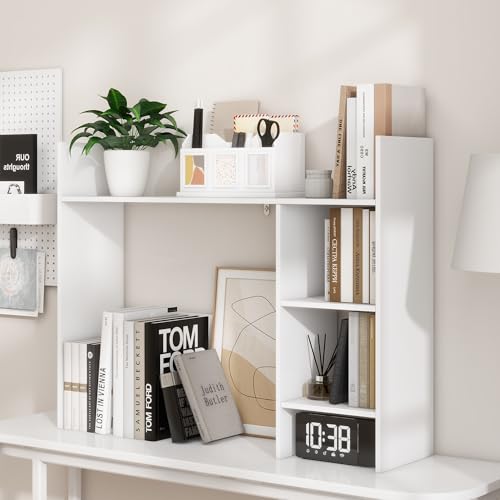 FTZxHKLX Desktop Bookshelf, 4 Tier Wooden Desk Storage Hutch, White - color: White
