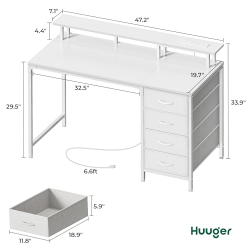 Huuger 47 Inch Computer Desk with Power Outlets and LED Lights, Gaming Desk with 4 Drawers, Office Desk with Monitor Stand, Study Work Home Office, Small Spaces, White - color: White, size: 47 INCH