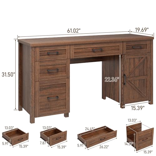 Vabches Farmhouse 61'' Rustic Office Desk with 5 Drawers(Red-Brown) - color: Red-brown, size: 61"W